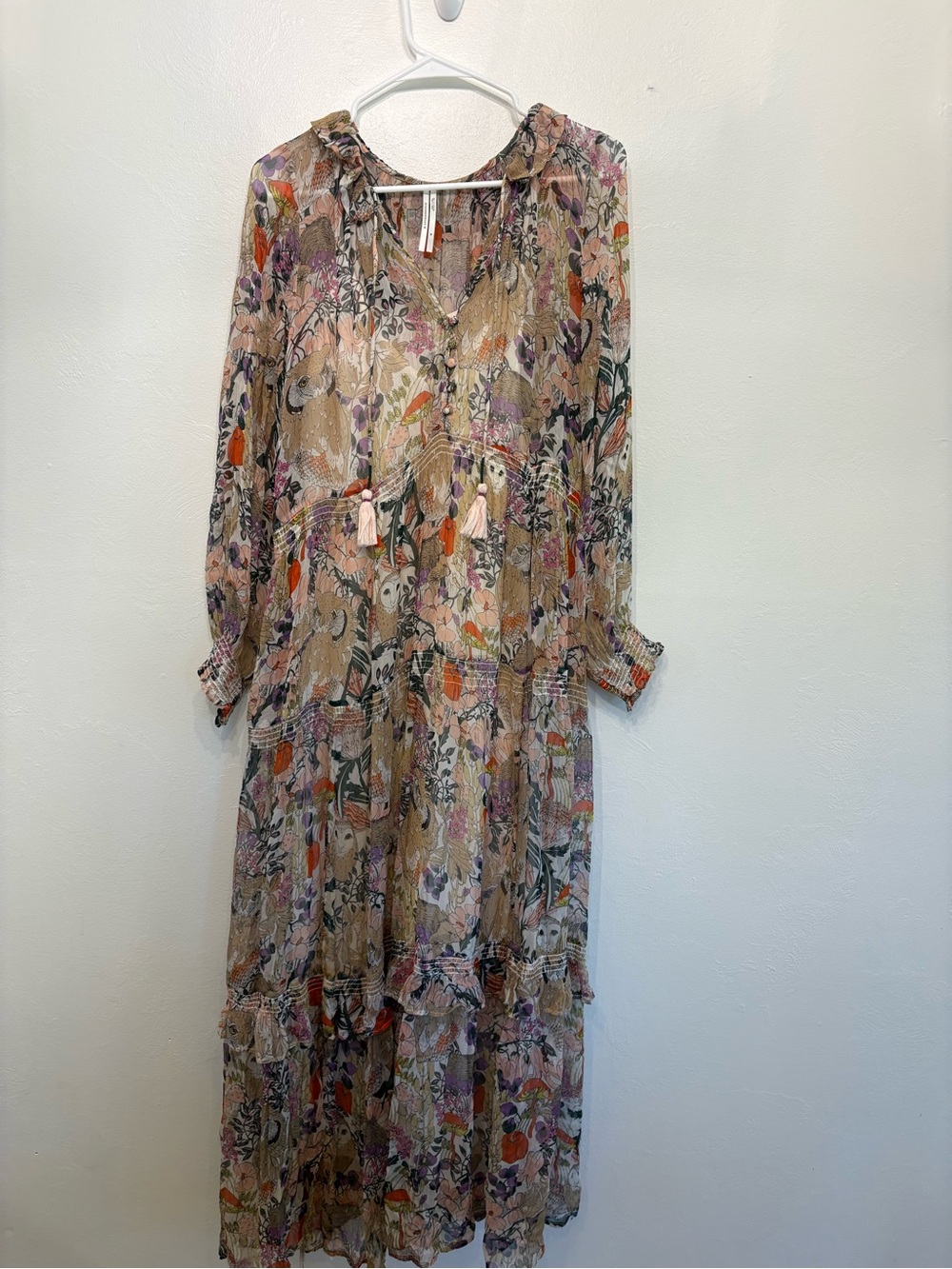 ANTHROPOLOGIE Tiered Maxi Dress in Beige and Pinks